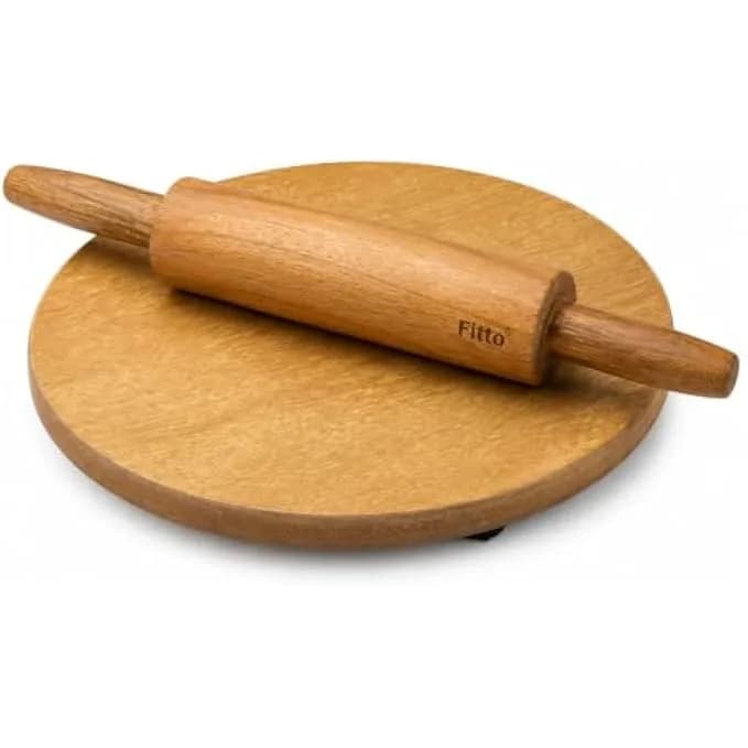 FITTO Wooden Rolling Pin with Round Rolling Board, Natural Wood Dough Roller Set with Easy-Grip Handles for Roti, Chapati and Baking