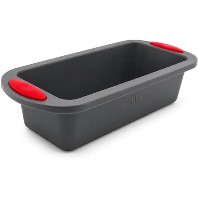 FITTO Silicone Loaf Pan with Easy Grip Handles, Non Stick Flexible Bread Baking Mold, Oven Freezer and Dishwasher Safe, Dark Grey and Red