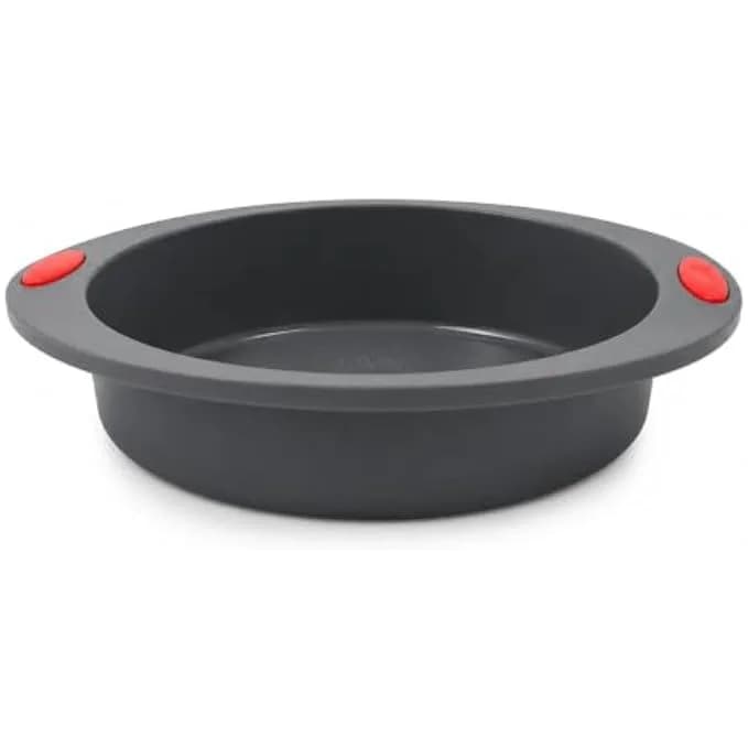 FITTO Round Silicone Cake Pan with Easy-Grip Handles, Food Grade Non-Stick Baking Mold, Flexible Heat Resistant Bakeware, Easy Release and Easy Clean, Grey with Red Handles