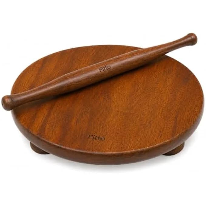 FITTO 8 inch Wooden Rolling Board and Rolling Pin Set, Round Wood Chakla Belan for Roti, Chapati, Pizza, Pastry and Dough Rolling, Brown