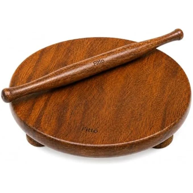 FITTO Wooden Rolling Board and Rolling Pin Set, 12 Inch Round Chakla Belan Set for Roti Chapati Paratha Pizza Pastry Dough, Smooth Natural Wood, Brown