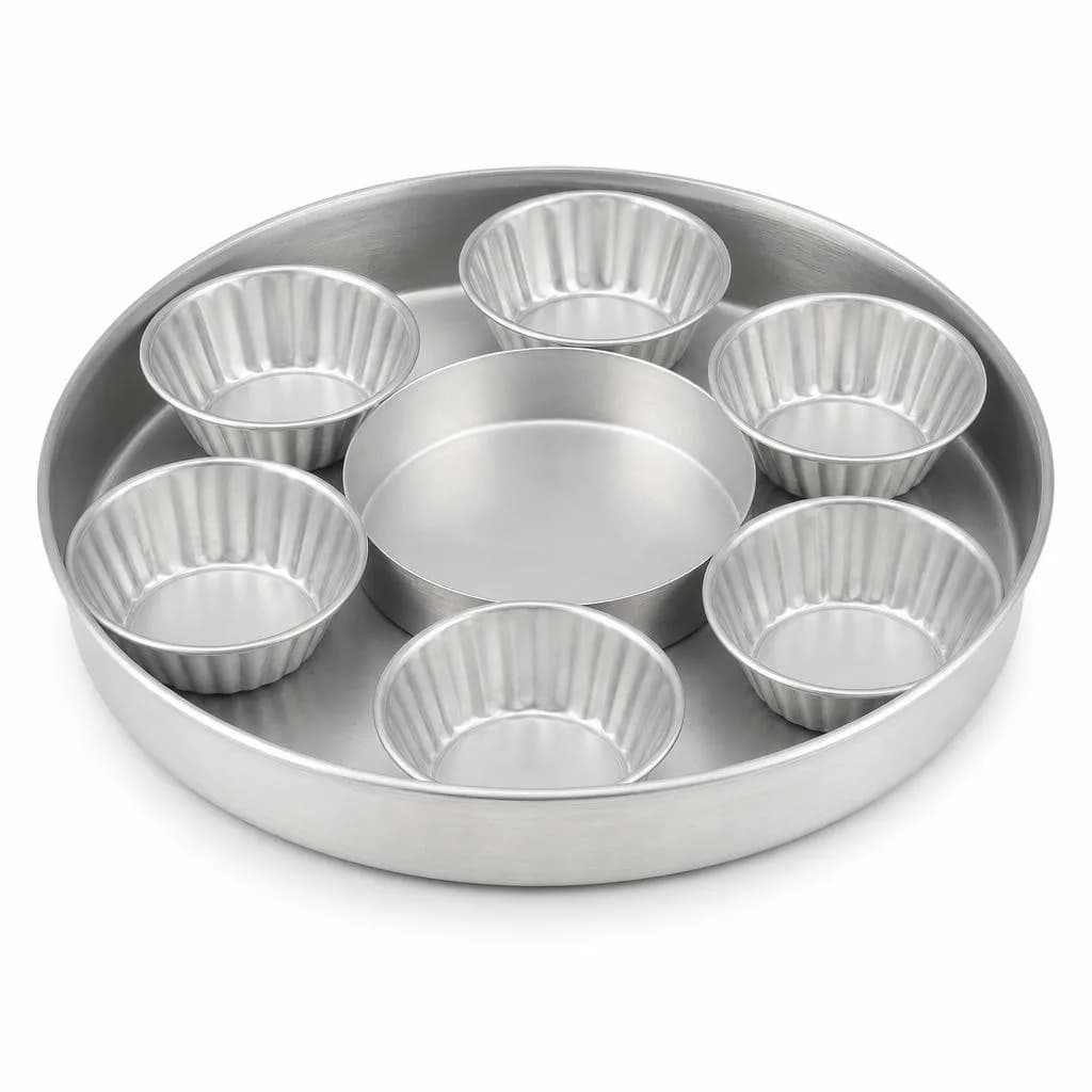 Aluminium Round Pan with Mini Fluted Moulds and One Larger Plain Mould - Baking Set, Silver