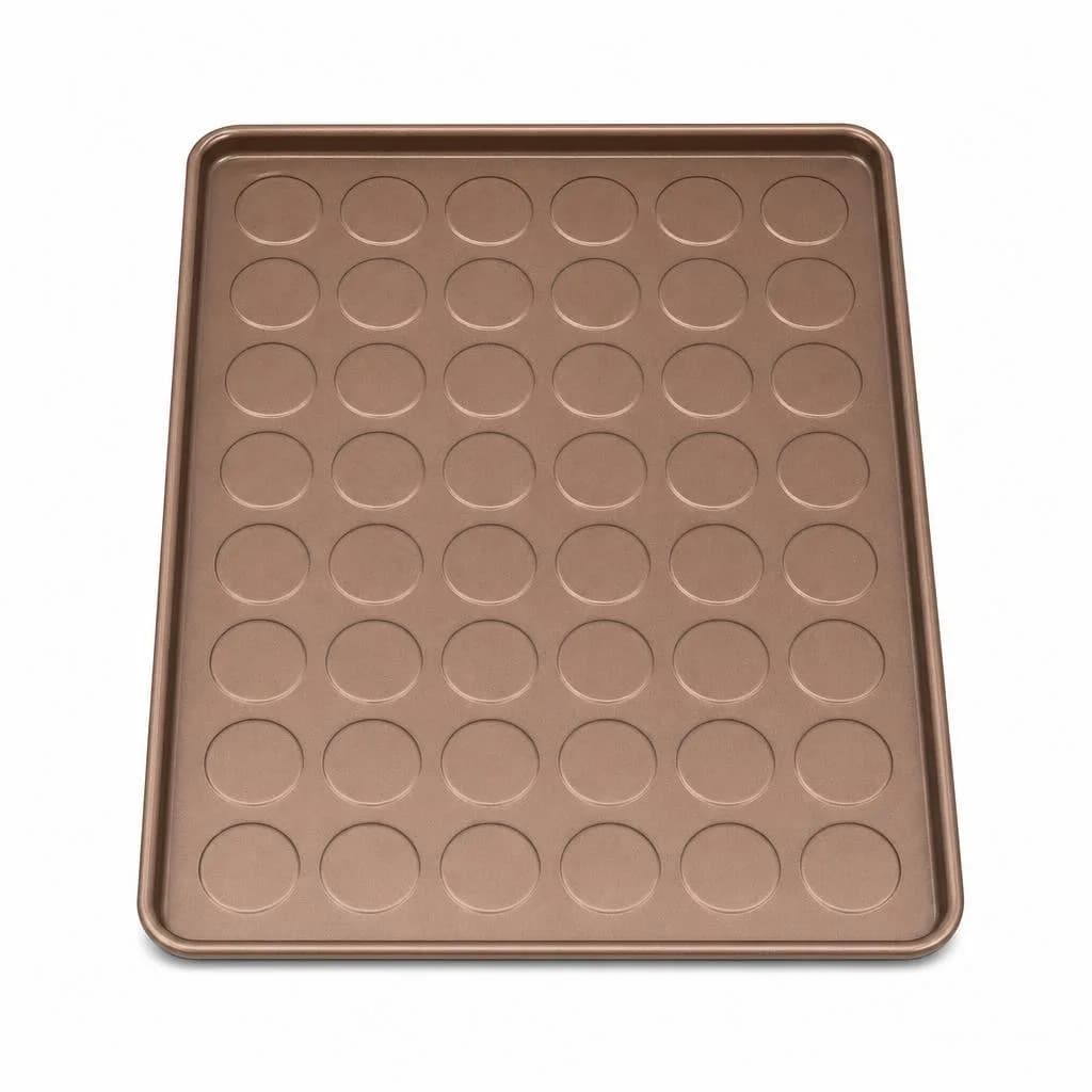 Non-Stick Macaron Baking Tray - Embossed Round Guides, Brown with Rose Gold Finish, 38 cm