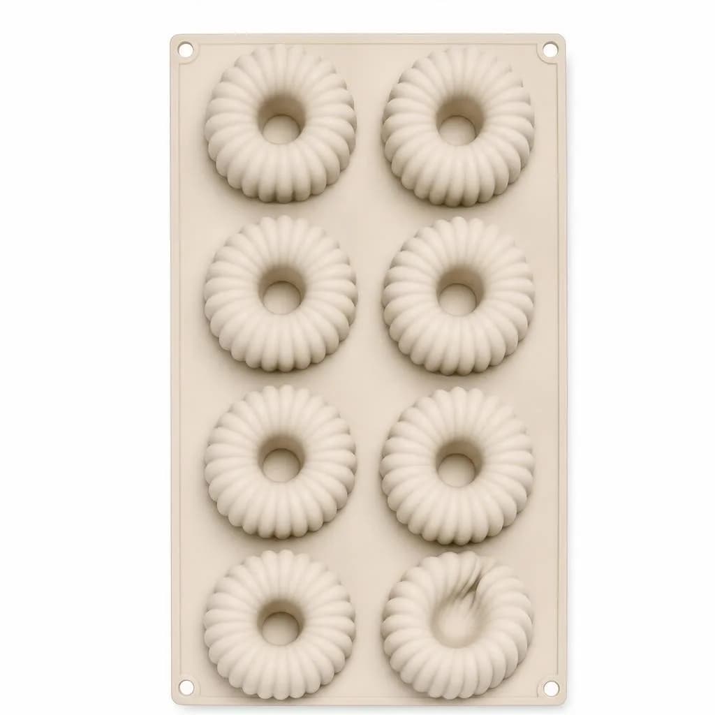 Silicone Fluted Ring Cake Mould - 8 Cavity Mini Ring Sheet, Beige