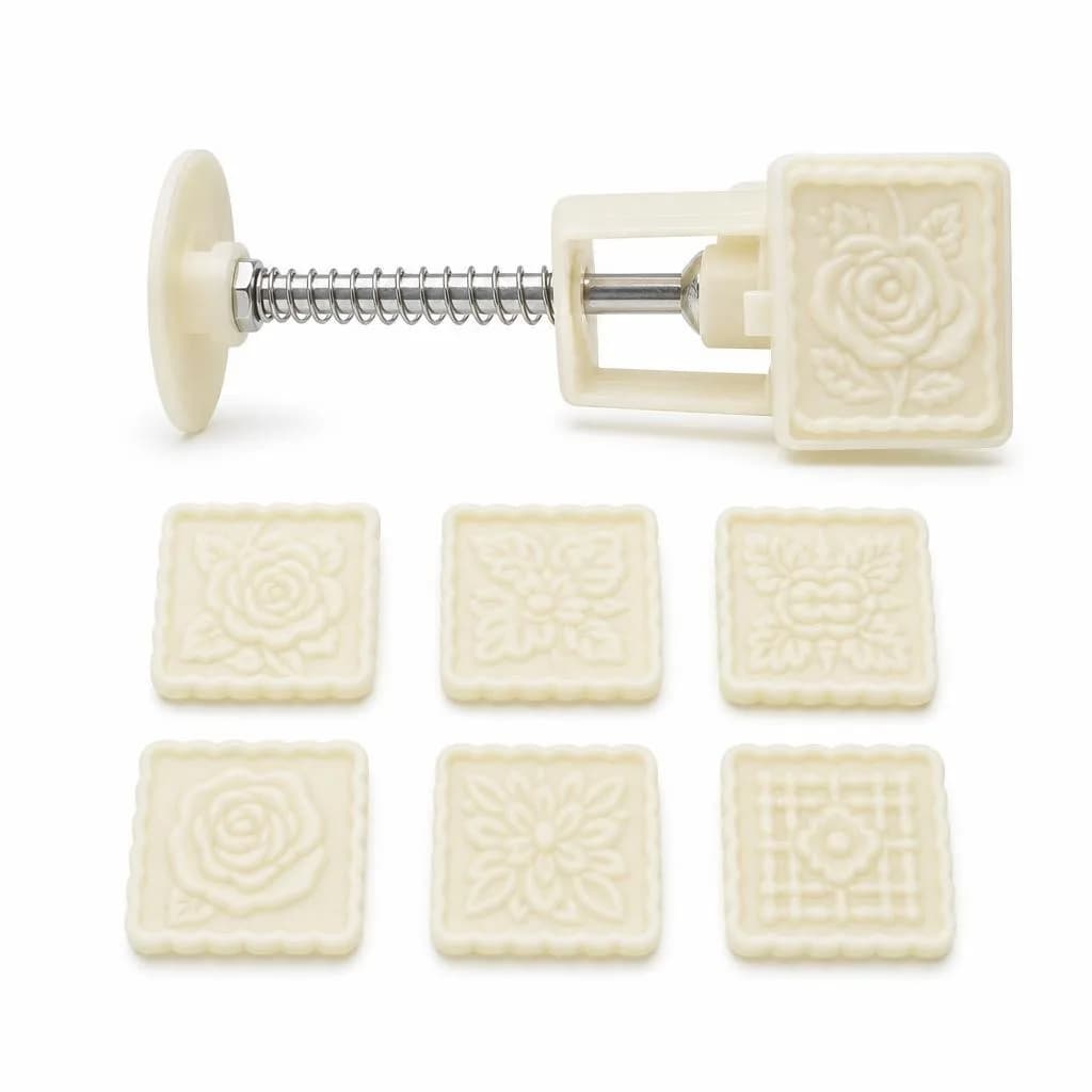 Fondant Decorative Press Mould Set - Plunger Style, 6 Square Pattern Inserts, Cream