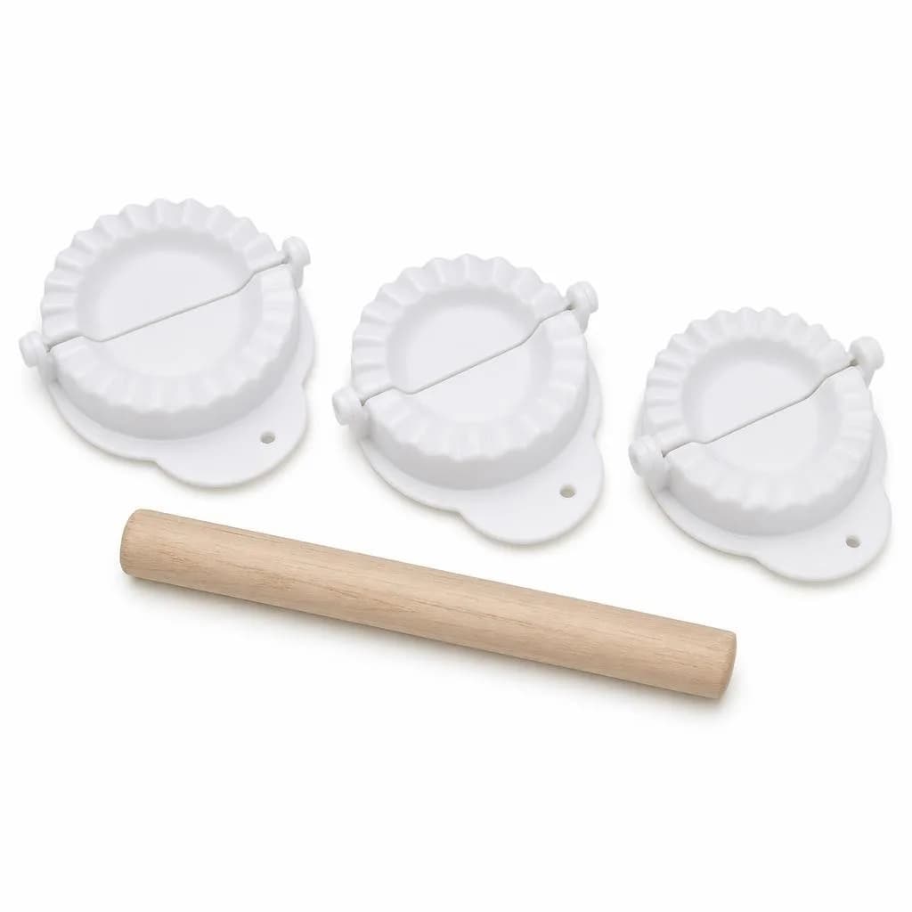 Dumpling Press Mould Set - 3 Pieces with Mini Wooden Rolling Pin, White Plastic
