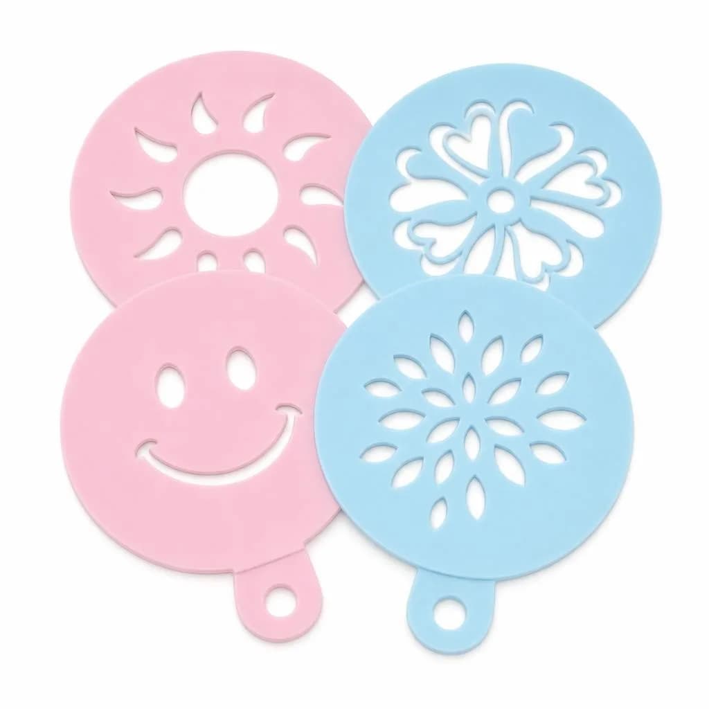 Cake, Cookie and Coffee Decorating Stencil Set - Floral and Happy Face Patterns, Pastel Pink and Blue