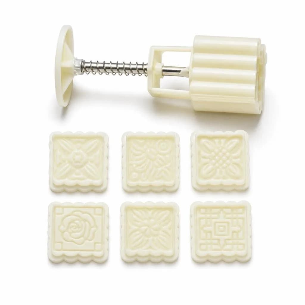 Fondant and Cookie Plunger Stamp Set - Plunger Handle with 6 Interchangeable Square Floral Stamps
