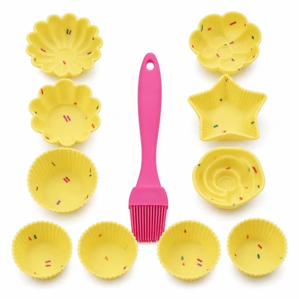 Silicone Cupcake Mould Set - 13 Pieces with Silicone Brush, Yellow
