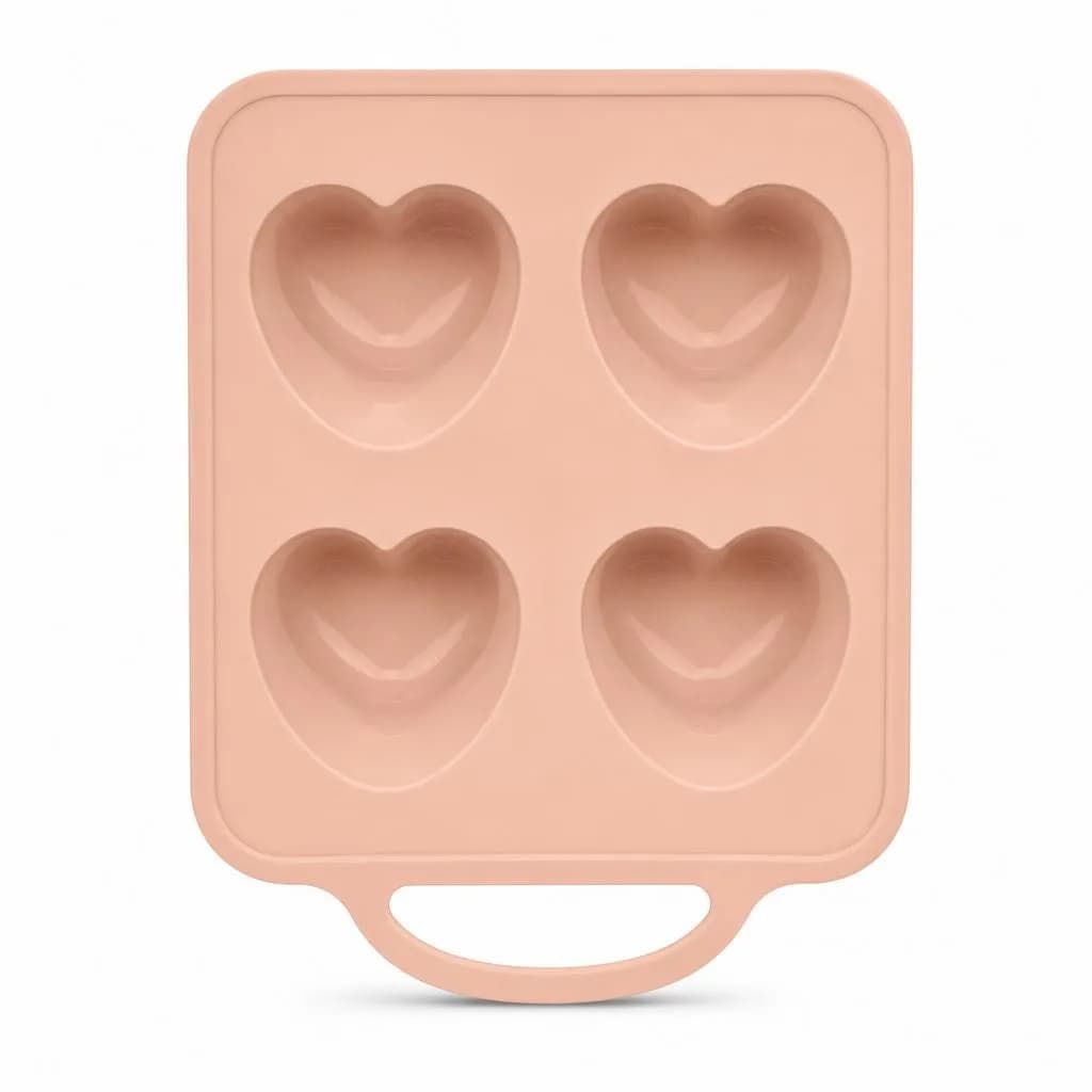 Silicone Heart Mould Tray - 4 Heart Cavities with Pull Handle, Peach Pink