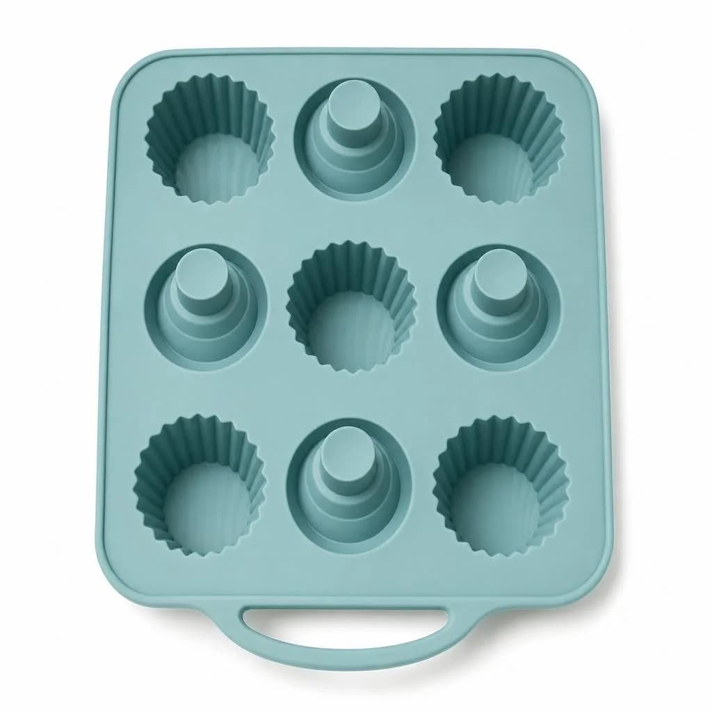Silicone Cupcake Mould Tray - 9 Cavities in Two Textures with Handle, Teal