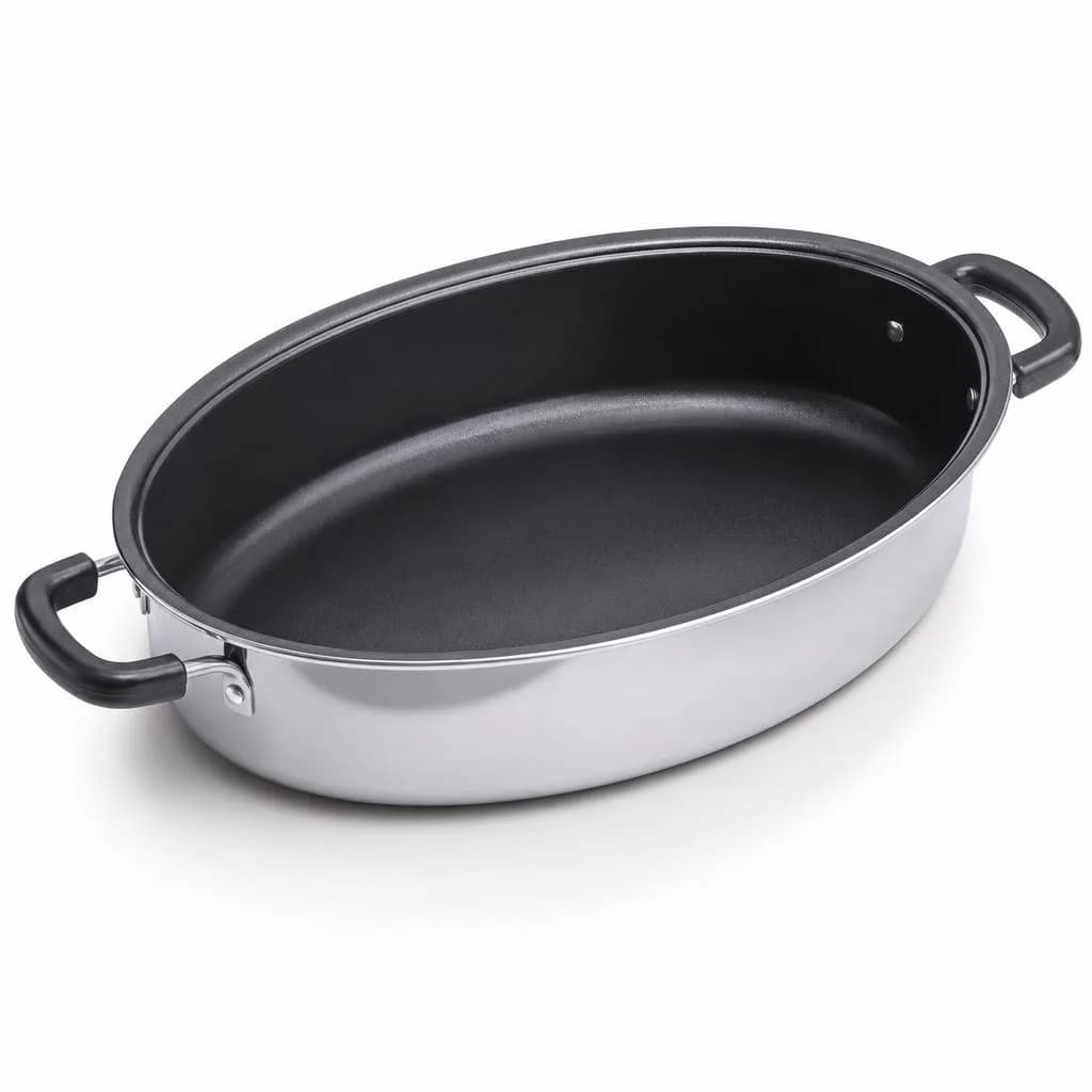 Oval Roasting Pan - Large Size, Non-Stick Dark Interior, Silver with Black Interior, 40 cm