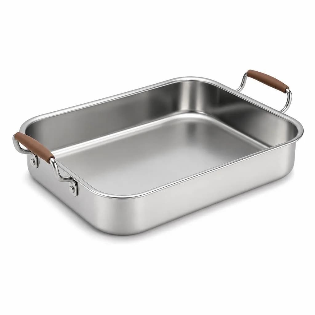 Large Roasting Tray with Handles - Stainless Steel, Silver, 38 x 28 cm