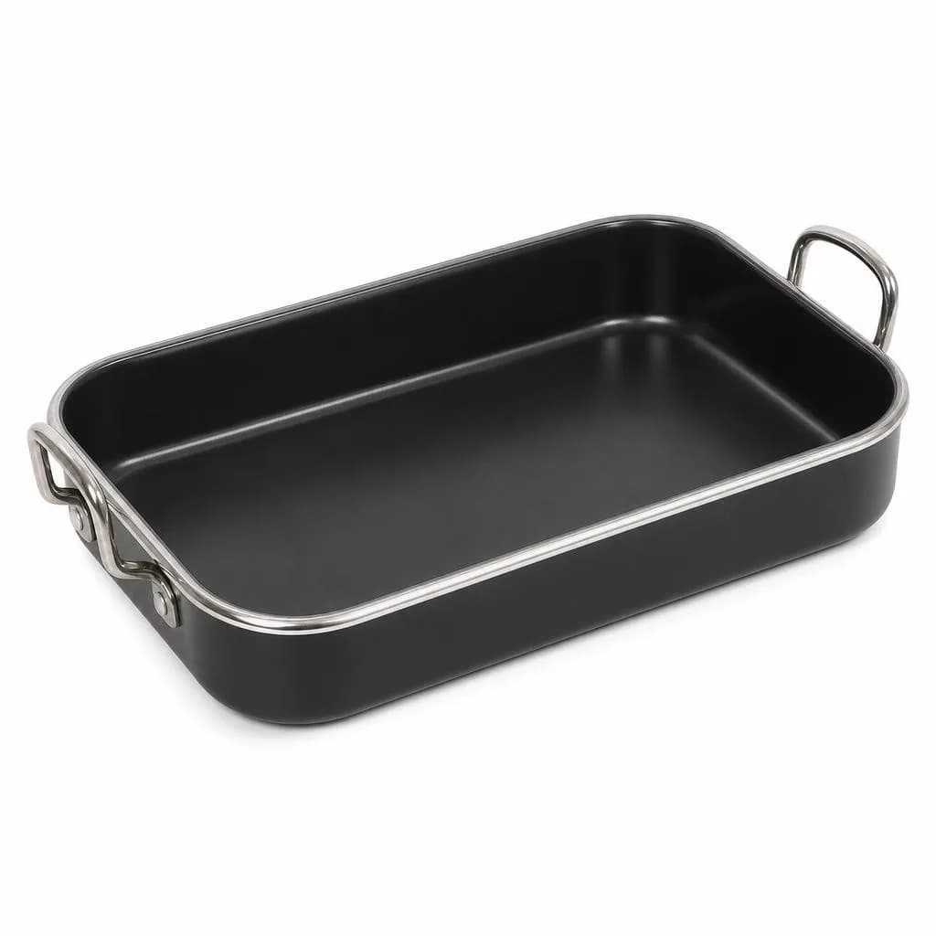 Non-Stick Roasting Pan with Handles - Oven Roasting & Baking, Black with Steel Rim, 35 x 25 cm