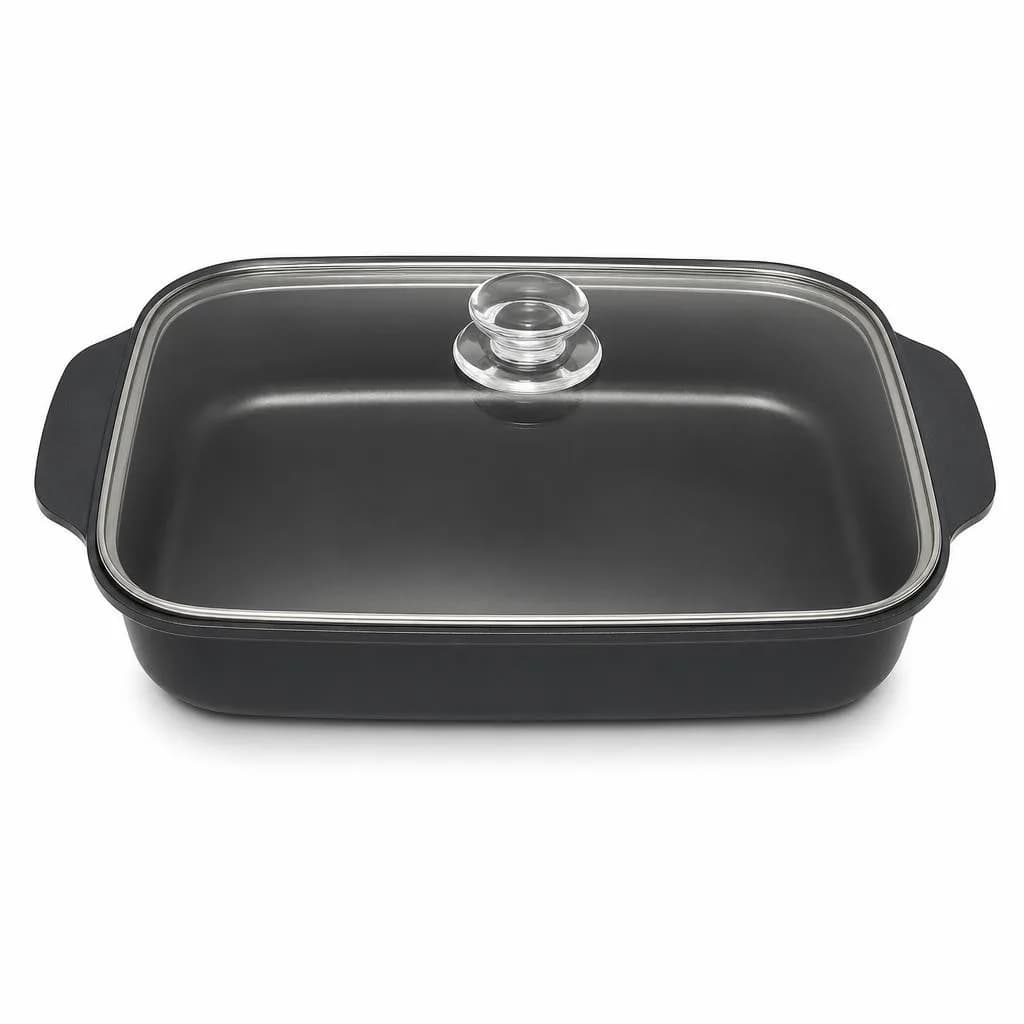 Non-Stick Roasting Pan with Glass Lid - Oven Roasting and Baking, Black and Clear, 38 x 26 cm