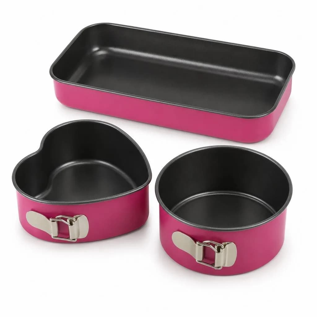 Mini Cake Mould Set - Loaf, Heart and Round Moulds, Non-Stick Interior, Pink, 3 Pieces