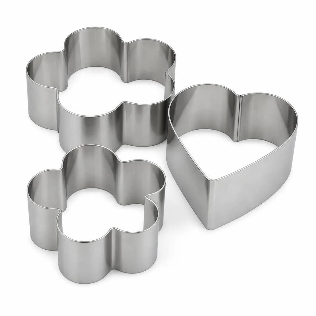 Cake Mousse Ring Set of 3 - Heart and Flower Shapes, Stainless Steel Dessert Moulds, Silver, 12 cm