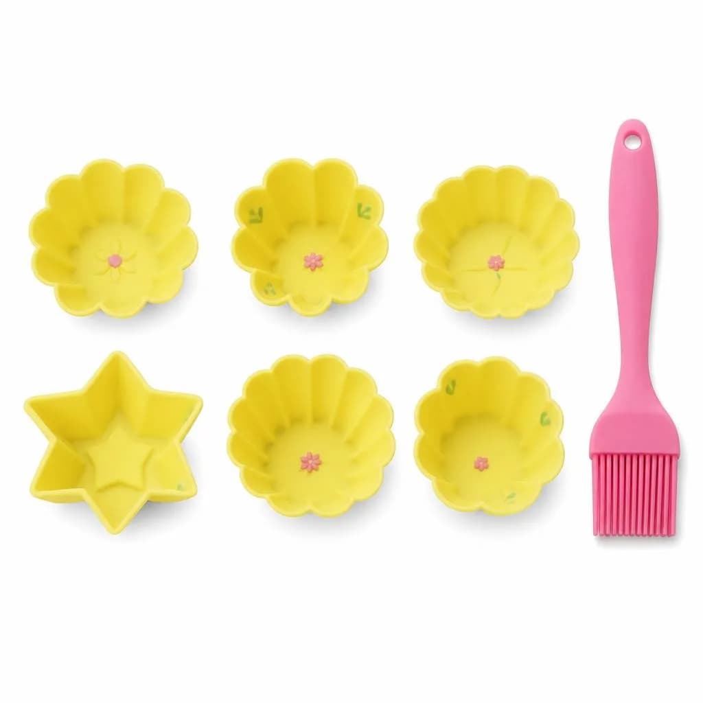 Silicone Cupcake Moulds with Pastry Brush, 7 Pieces - 6 Yellow Flower and Star Moulds, Pink Brush, 7 cm