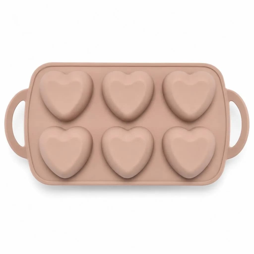 Silicone Heart Mould - 6 Cavities with Side Handles, Dusty Pink