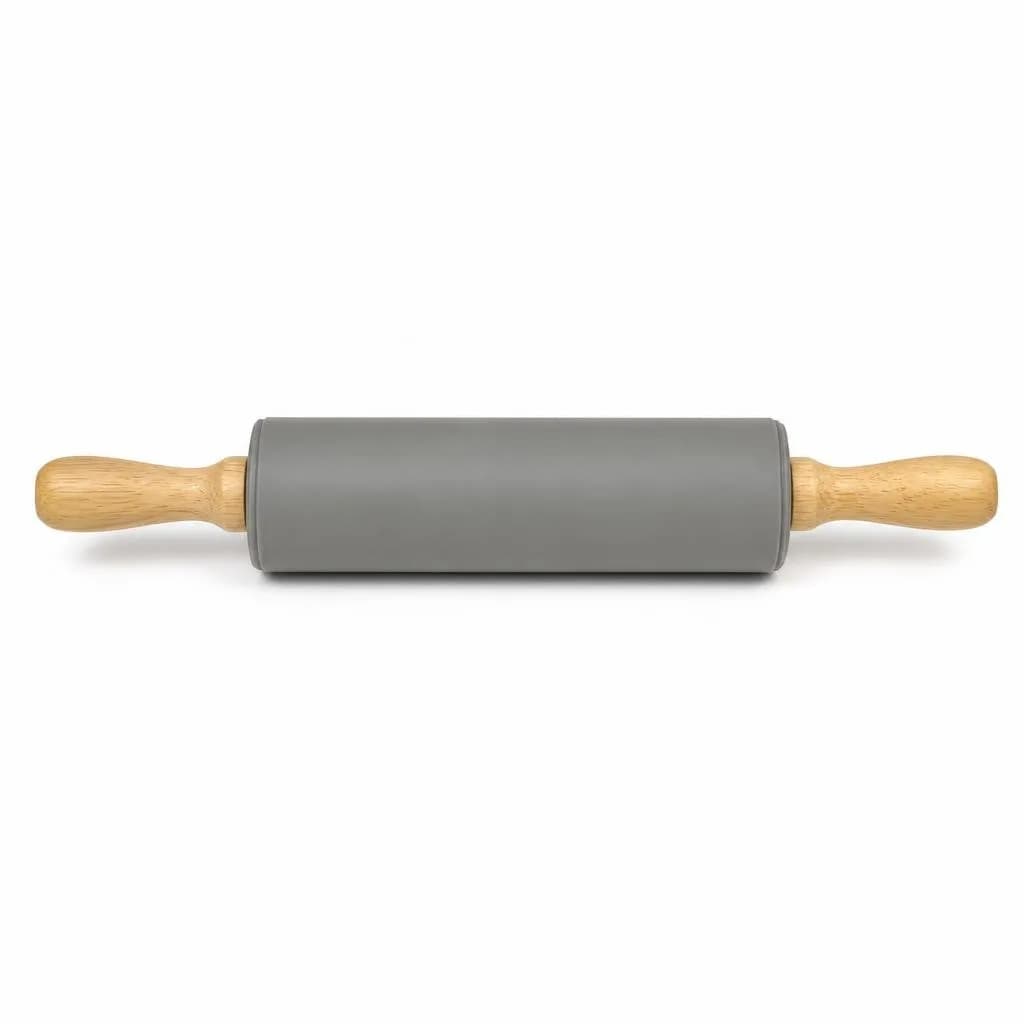 Rolling Pin - Non-Stick Silicone Roller, Wooden Handles, Grey, 22.5 cm Roller, 5 cm Diameter