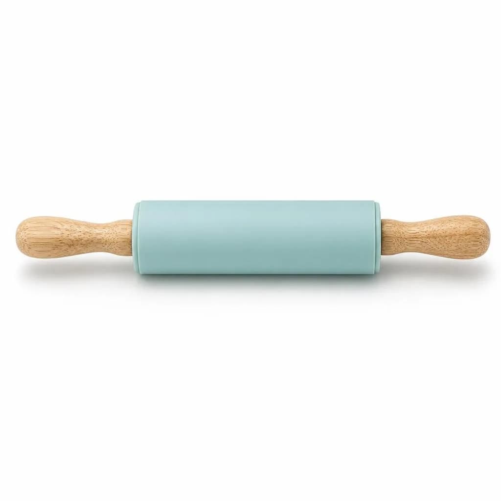 Rolling Pin - Non-Stick Silicone Roller, Wooden Handles, Teal, 22.5 cm Roller, 5 cm Diameter