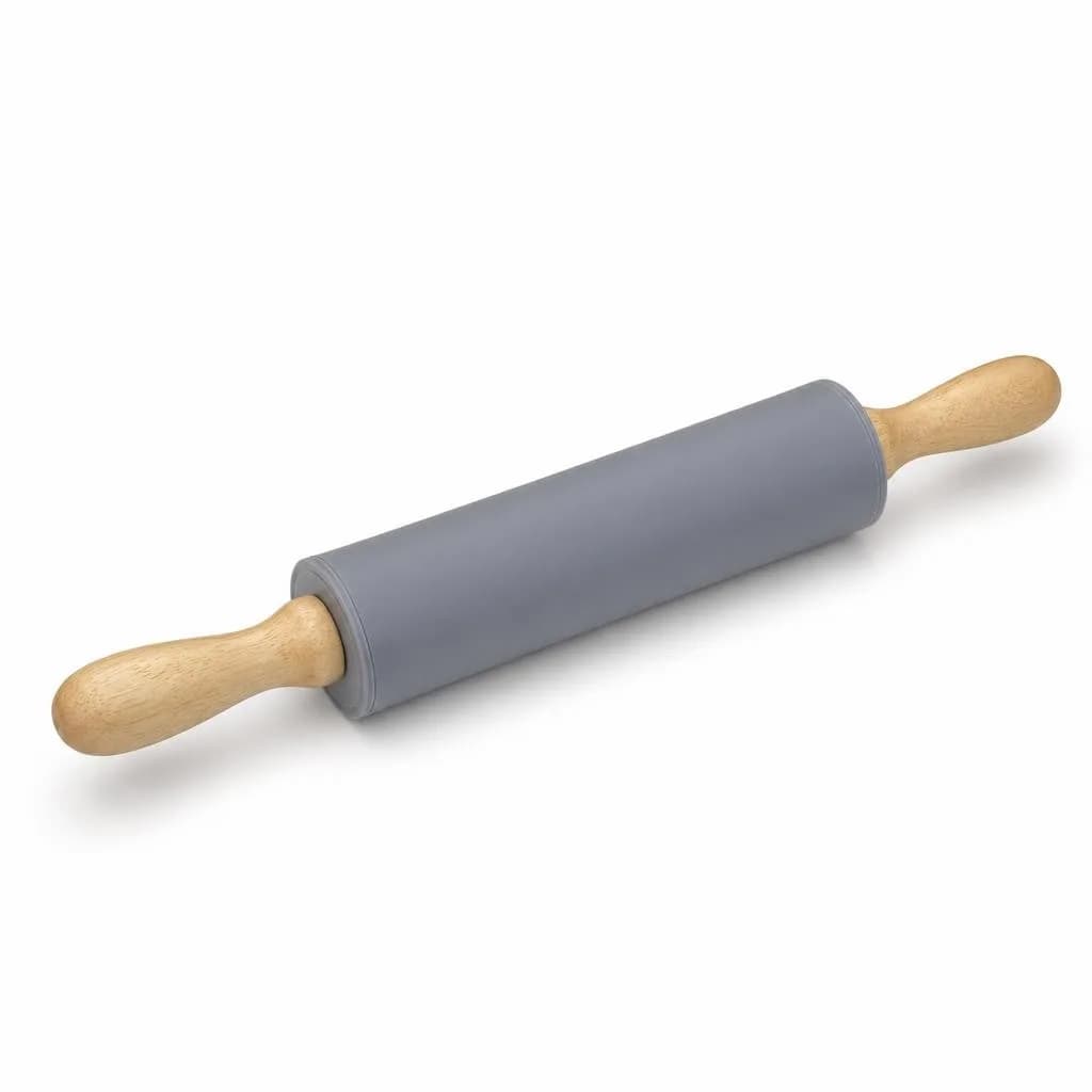 Rolling Pin - Non-Stick Silicone Roller, Wooden Handles, Blue-Grey, 22.5 cm Roller, 5 cm Diameter