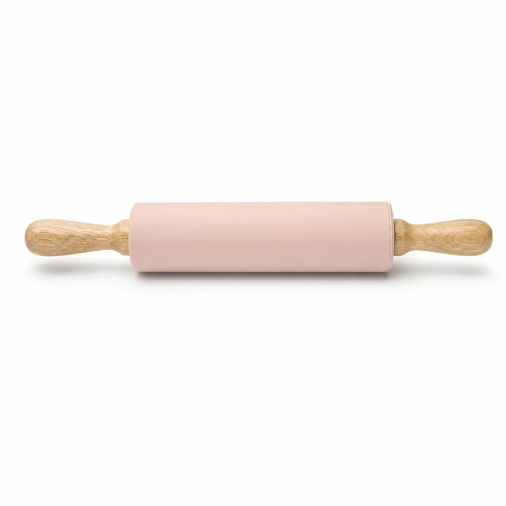 Rolling Pin - Non-Stick Silicone Roller, Wooden Handles, Blush Pink, 22.5 cm Roller, 5 cm Diameter