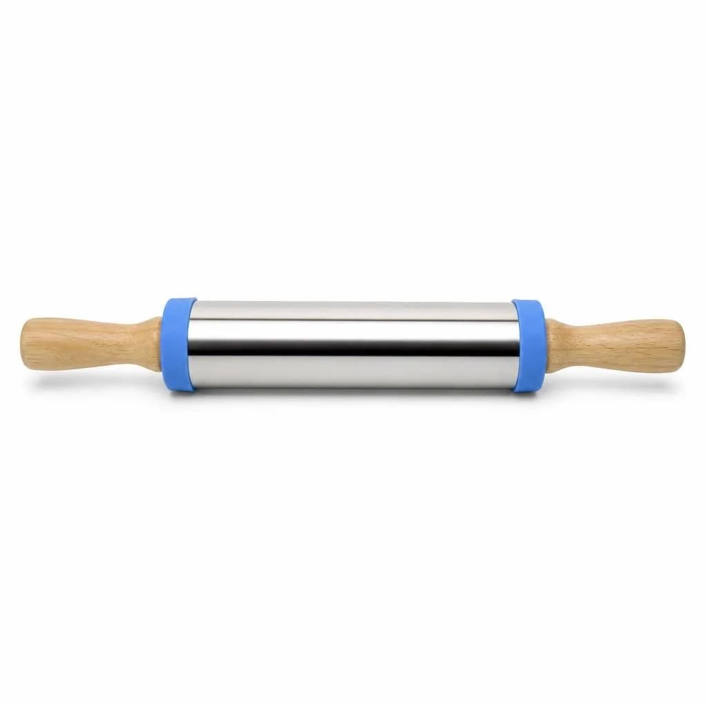 Rolling Pin - Steel Barrel, Wooden Handles, Blue Silicone Ends, Silver, Natural Wood and Blue, 38 x 5.5 cm