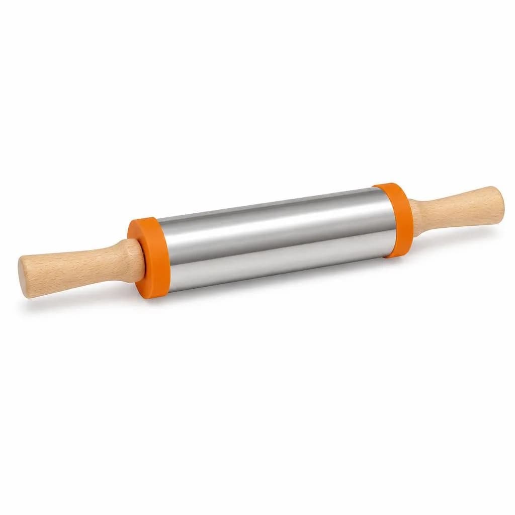 Rolling Pin - Steel Barrel, Wooden Handles, Orange Silicone Ends, Silver, Natural Wood and Orange, 38 x 5.5 cm