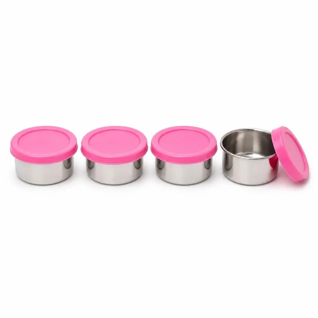 Stainless Steel Cups with Lids, Pack of 4 - Small Pots with Pink Lids for Puddings, Jelly and Storage, 6 cm