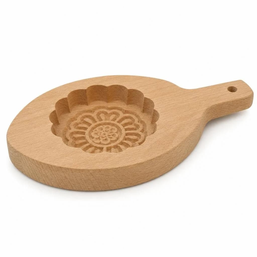 Wooden Mooncake Mould - Single Scalloped Flower Cavity, Beech Wood