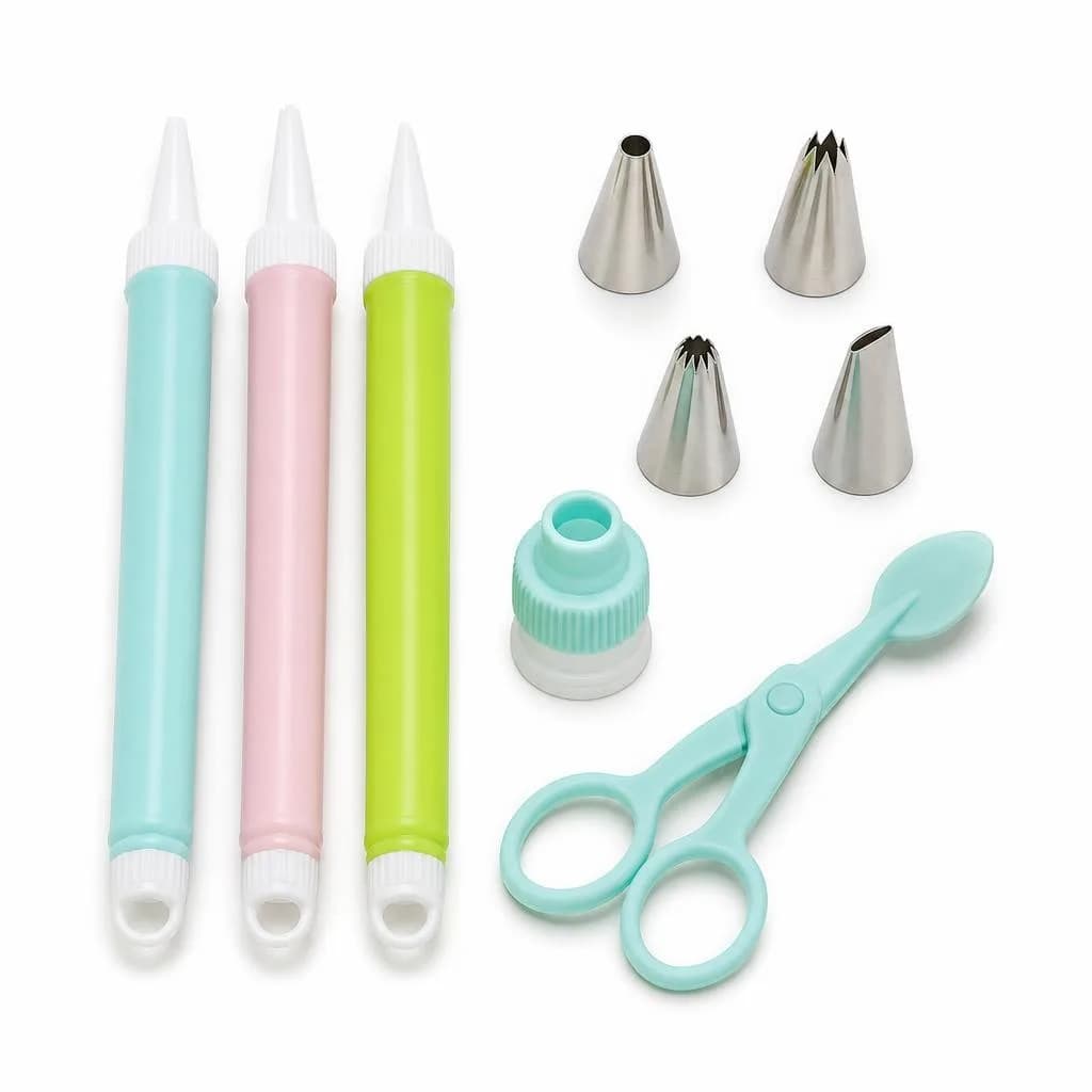 Cake Decorating Set, 9 Pieces - Icing Pens, Stainless Steel Nozzles and Scissors, Pastel Teal, Pink and Green