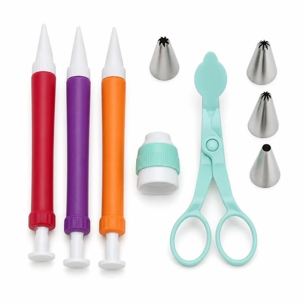 Cake Decorating Set, 9 Pieces - Icing Pens, Stainless Steel Nozzles and Scissors, Bright Red, Purple and Orange