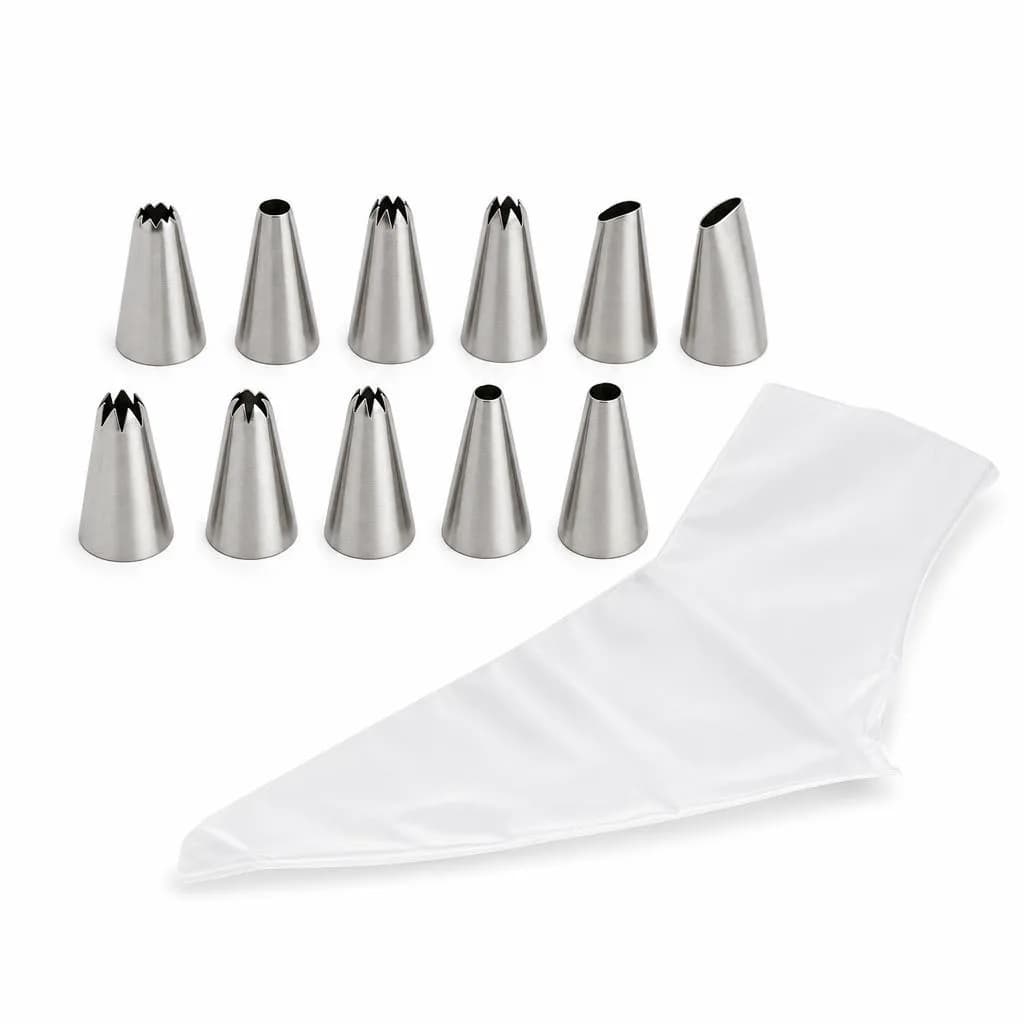 Icing Nozzle Set with Piping Bag, 12 Pieces - 11 Stainless Steel Tips and 1 Bag for Cake Decorating
