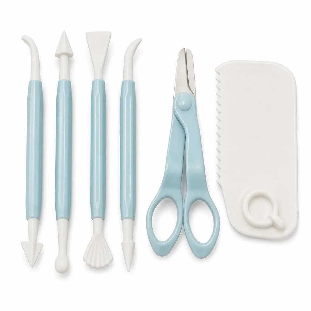 Cake Decorating Tool Set - 4 Modelling Tools, Scissors and Scraper, Pale Blue and White
