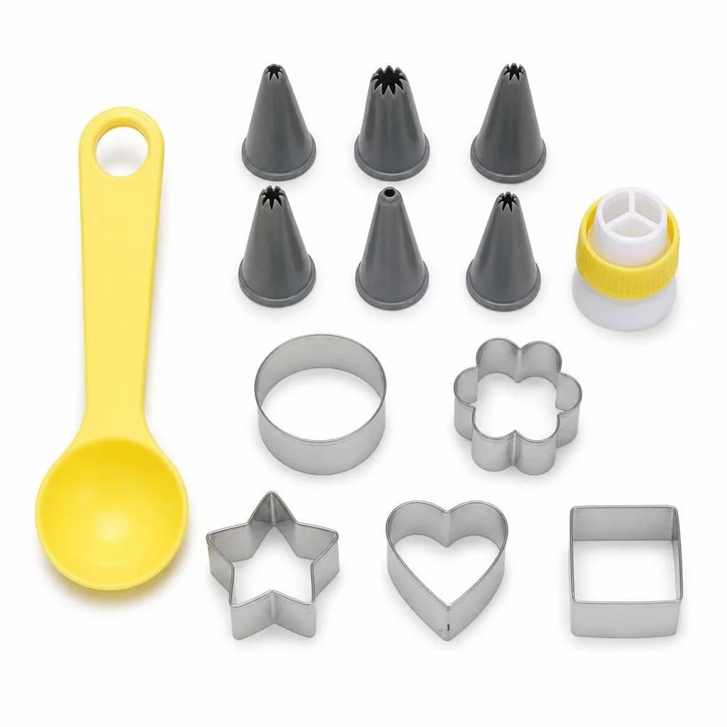 Cake Decorating Set, 11 Pieces - Icing Nozzles, Coupler, Cutters and Measuring Spoon, Yellow