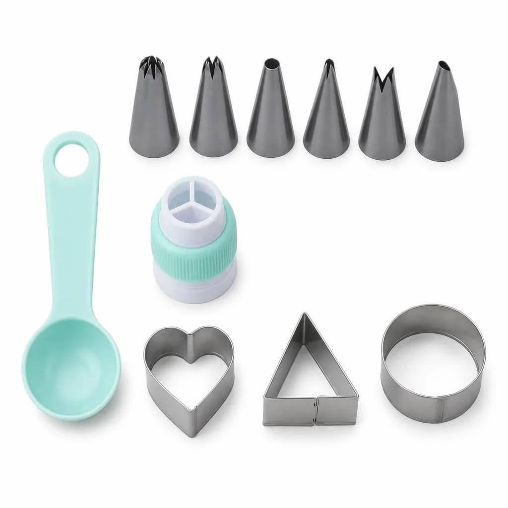 Cake Decorating Set, 11 Pieces - Icing Nozzles, Coupler, Cutters and Measuring Spoon, Teal