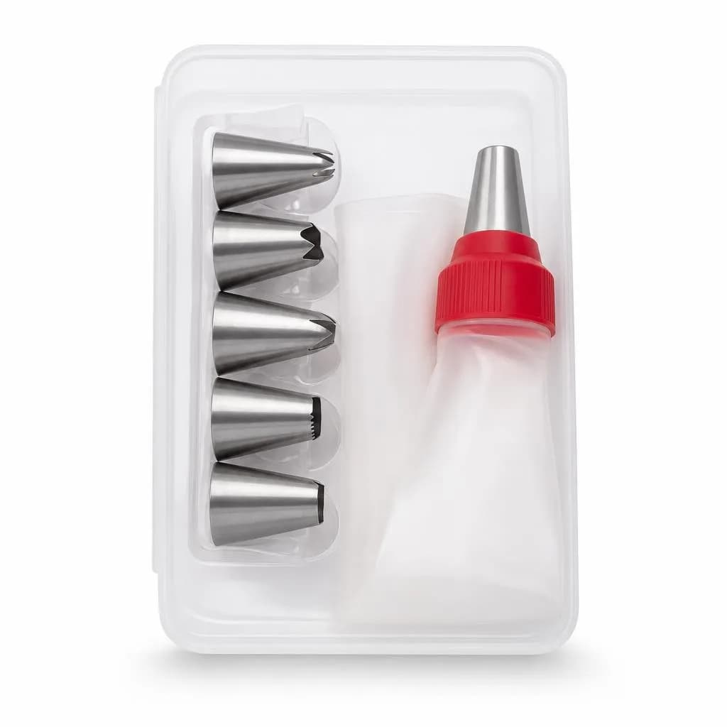 Piping Nozzle Set with Silicone Piping Bag - Stainless Steel Nozzles, Red Tip, Boxed Set