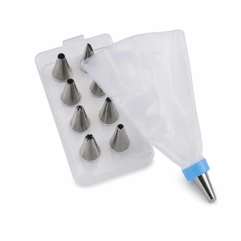 Piping Nozzle Set with Silicone Piping Bag - Stainless Steel Nozzles, Blue Tip, Boxed Set