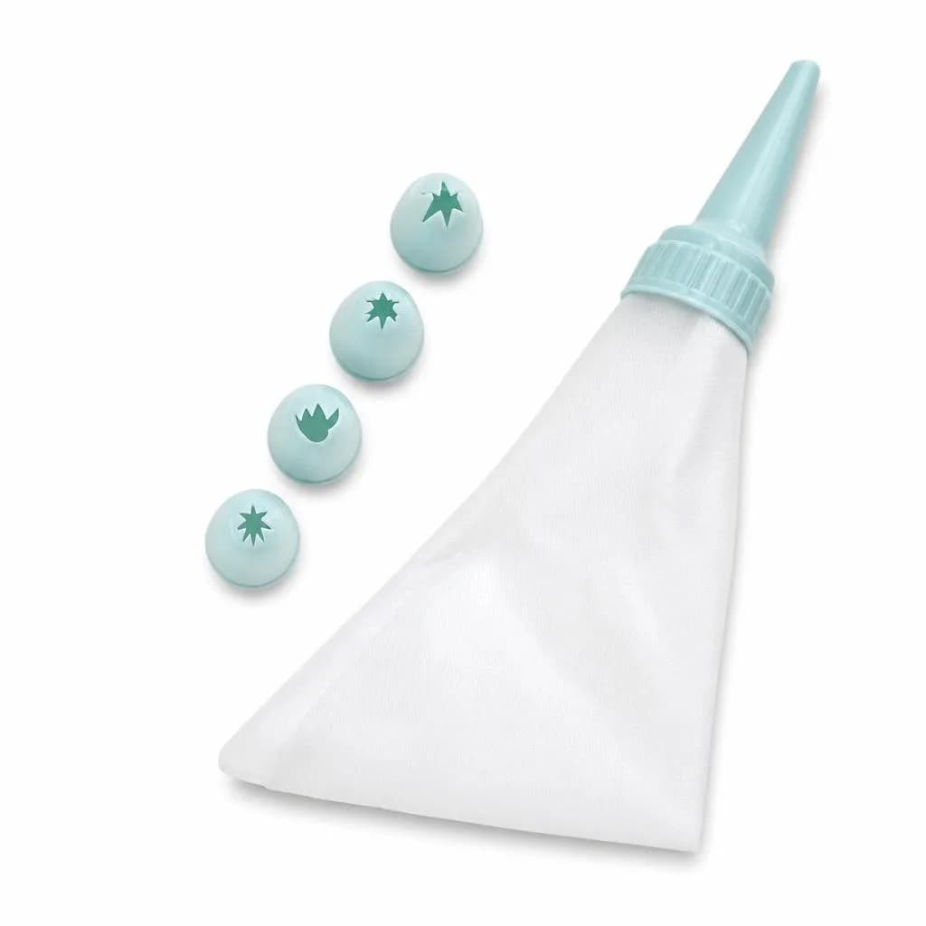 Reusable Pastry Bag with Coupler and 4 Icing Nozzles - Cake Decorating Set, Teal and White