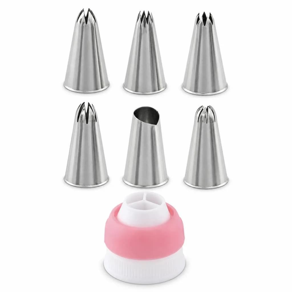 7-Piece Cake Decorating Set - Metal Nozzles and Coupler, Pink and Silver