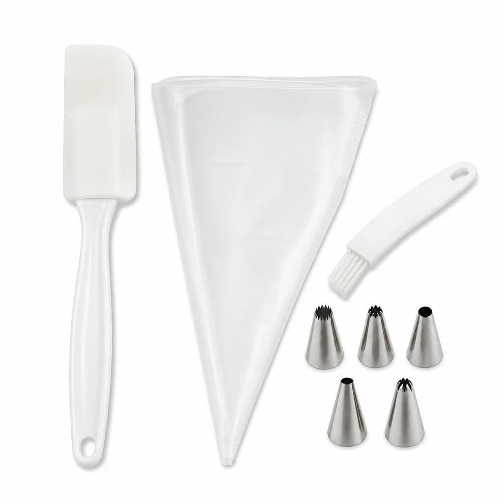 Cake Decorating Set - Spatula, Piping Bag, 5 Nozzles and Brush, White and Silver