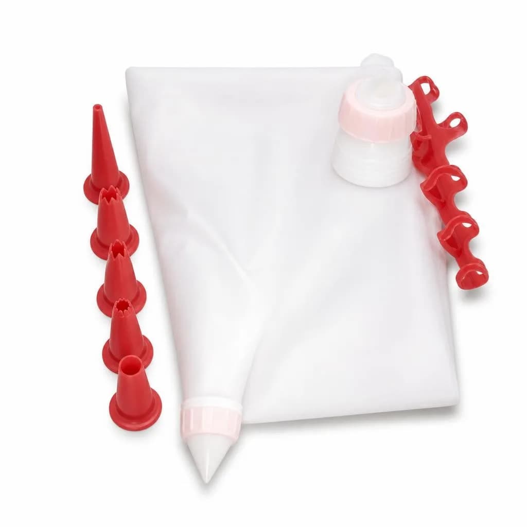 Cake Decorating Set with Coupler and Red Nozzles - Piping Bag Set for Cakes and Cupcakes, White and Red