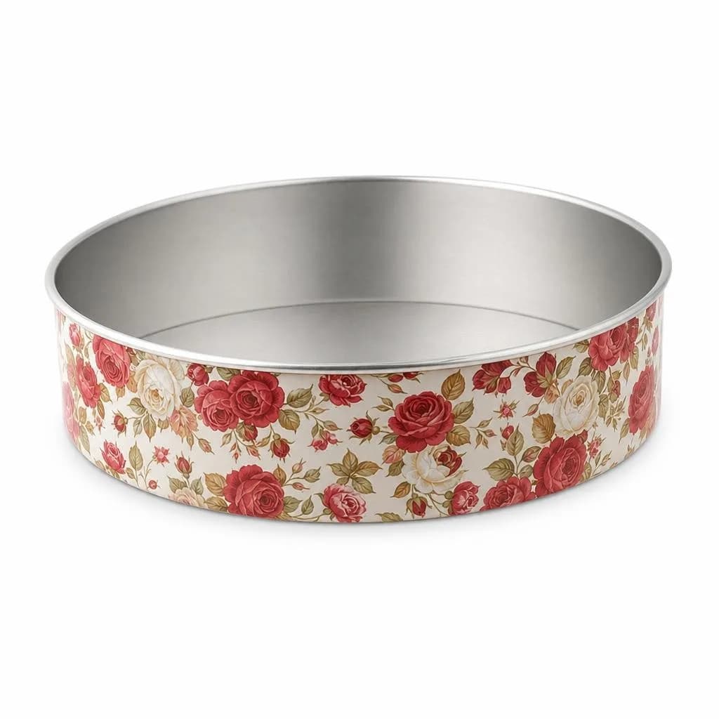 Round Cake Tin with Floral Print, 24 cm Metal Baking Pan for Cakes, Brownies and Bakes, Red and Cream