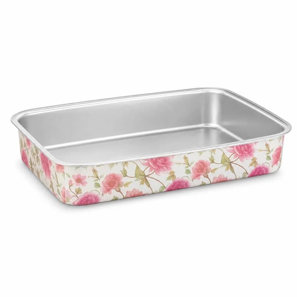 Rectangular Baking Tin with Floral Print, 30 cm Metal Baking Pan for Cakes, Brownies and Bakes, Pink and Green
