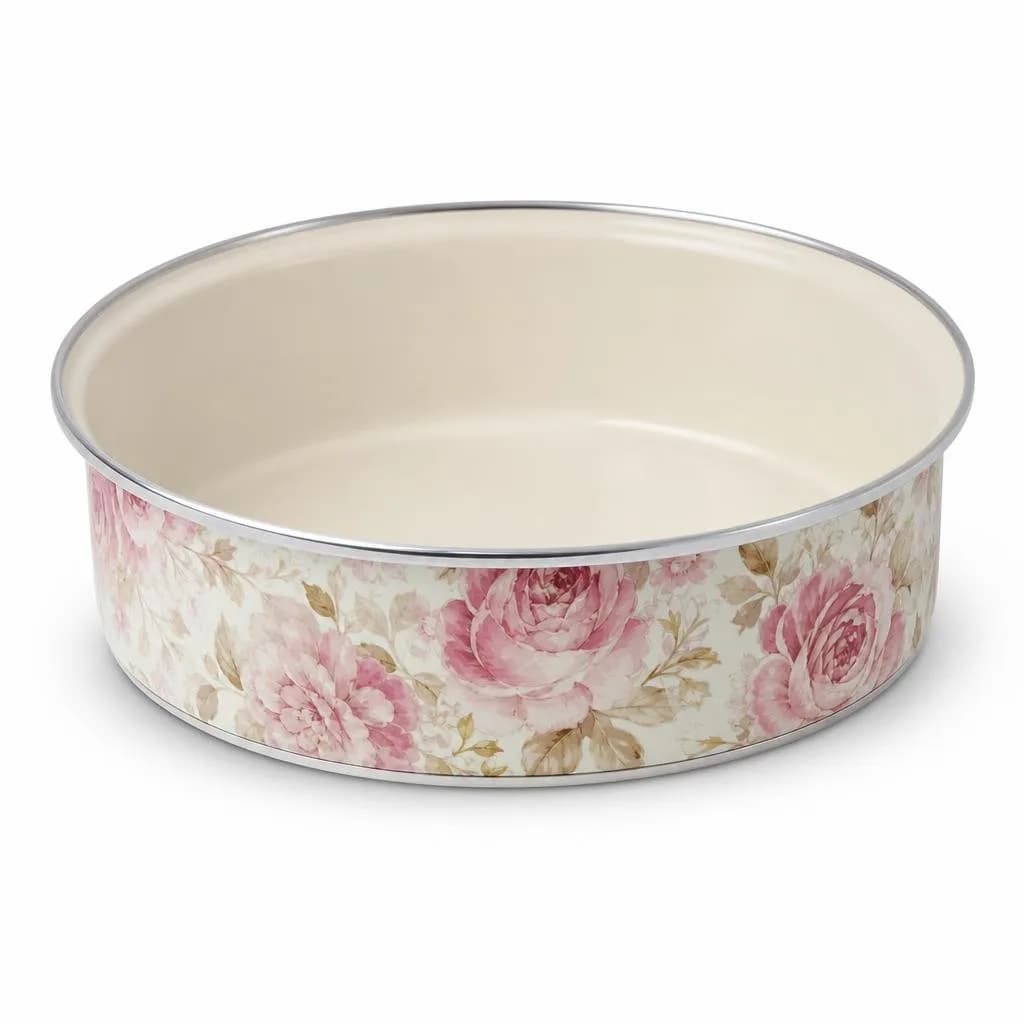 Round Cake Tin with Floral Print, 24 cm Metal Baking Pan for Cakes, Brownies and Bakes, Pink and Cream