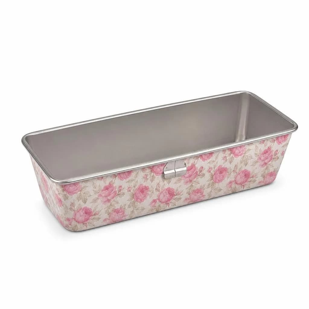 Rectangular Loaf Tin with Floral Print, 28 cm Metal Baking Pan for Loaf Cakes and Bread, Pink