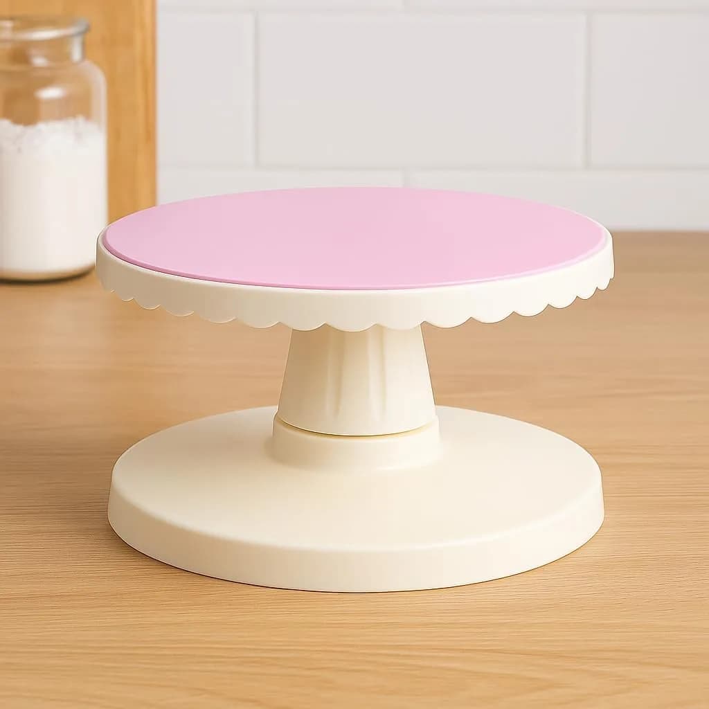 FITTO Pink and White Rotating Cake Stand - 360° Rotating Cake Turntable for Decorating, Frosting, and Display - Non-Slip, Easy-Clean Surface - Ideal for Cakes, Cupcakes, Desserts, Baking Enthusiasts