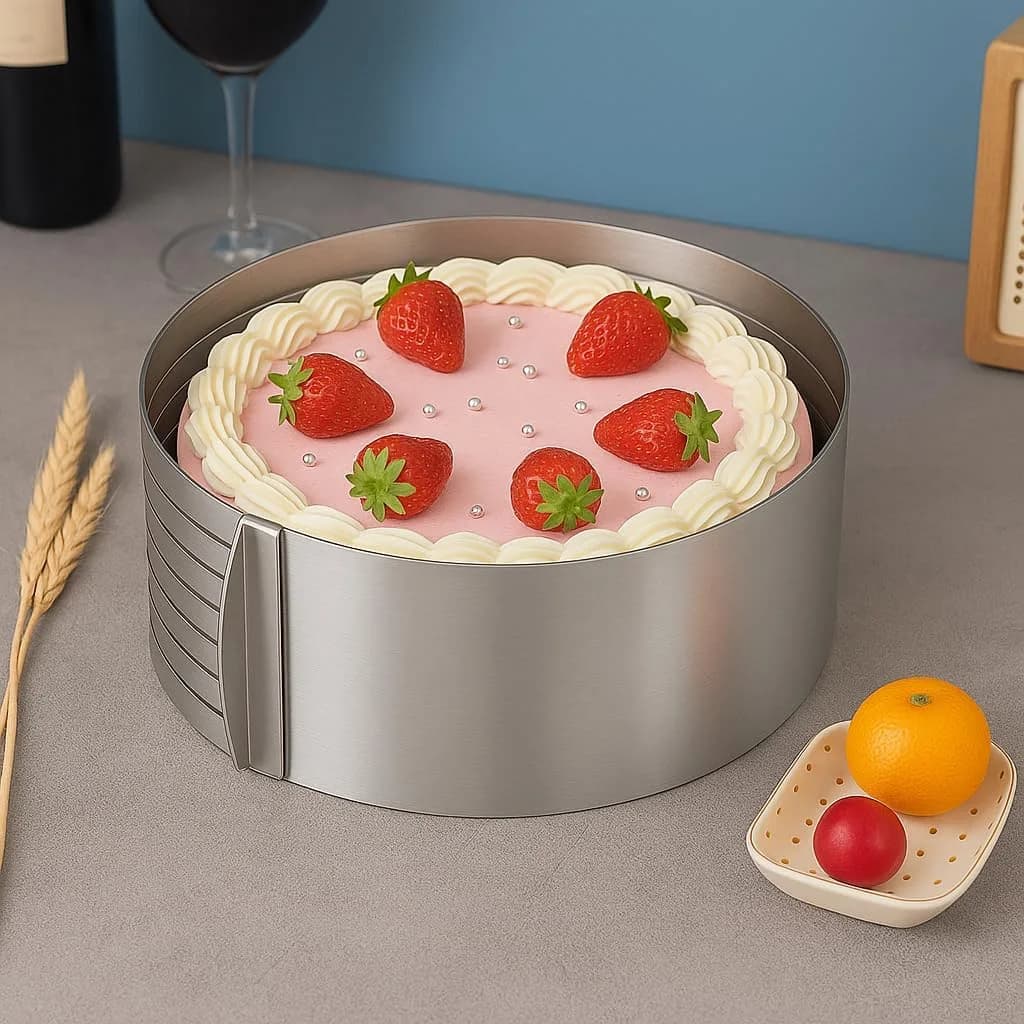 FITTO Slicer, Adjustable Layer Cake Slicer, 15-20cm Stainless Steel Round Bread Layer Cake Cutter Mold, Baking Tool Kit Set, Silver, for Cake Lovers