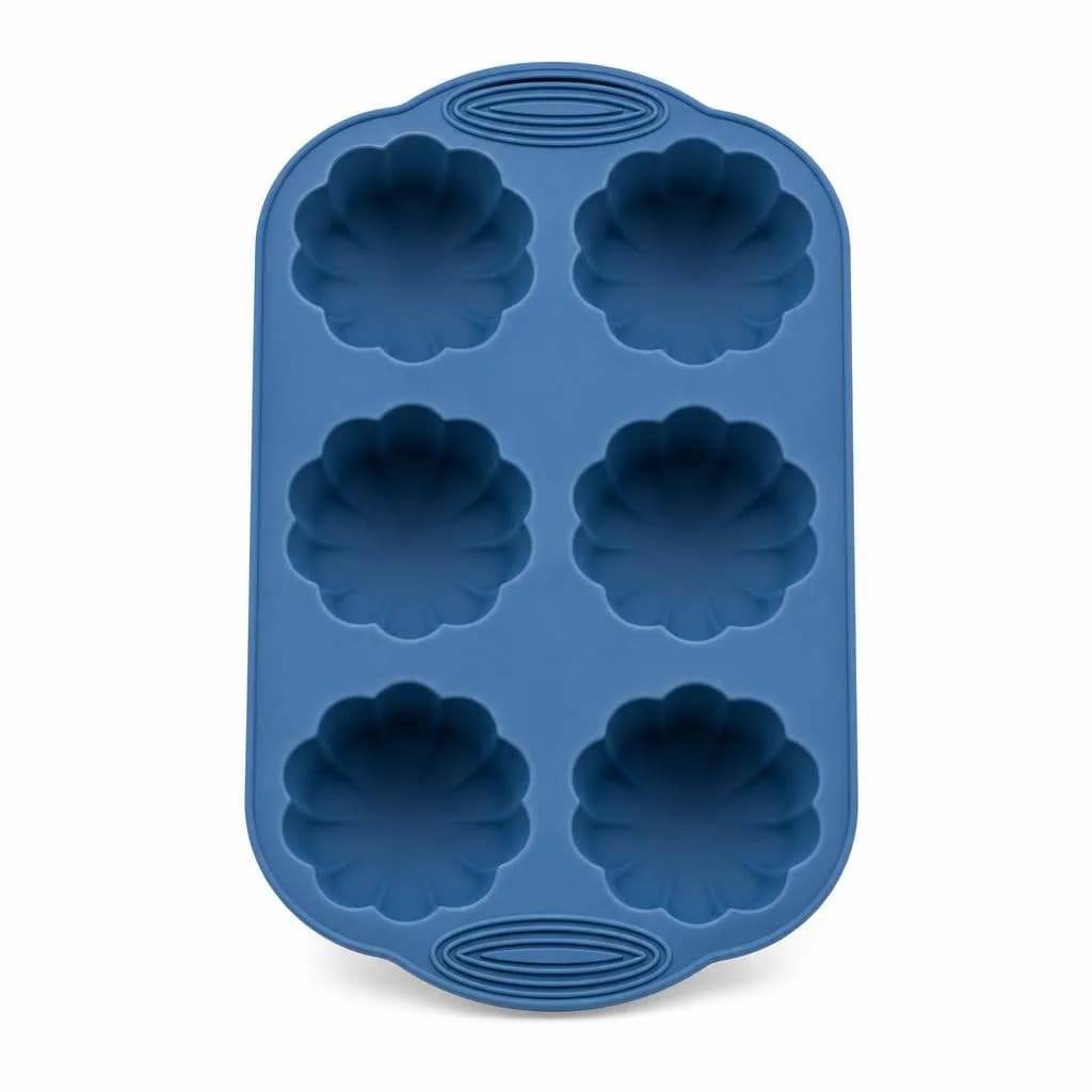 Silicone Flower Cake Mould - 6 Cavity, with Handles, Blue